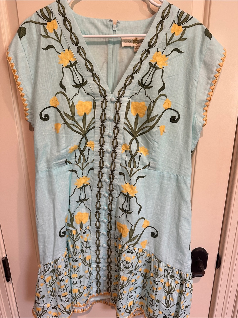 Embroidered Floral V-Neck Dress - Light Blue with Yellow Flowers